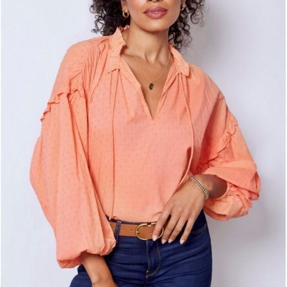 NWT Cleobella Phoenix Coral Blouse Organic Cotton Dobby Split Nec Ruffle Boho - Picture 1 of 5